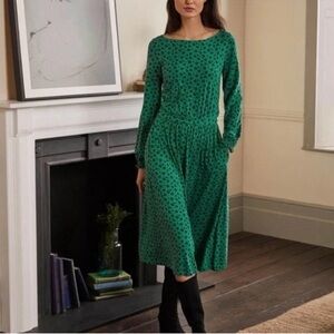 Boden Evelyn Jersey Long Sleeve Midi Dress in Green & Navy Print Size 16/18R